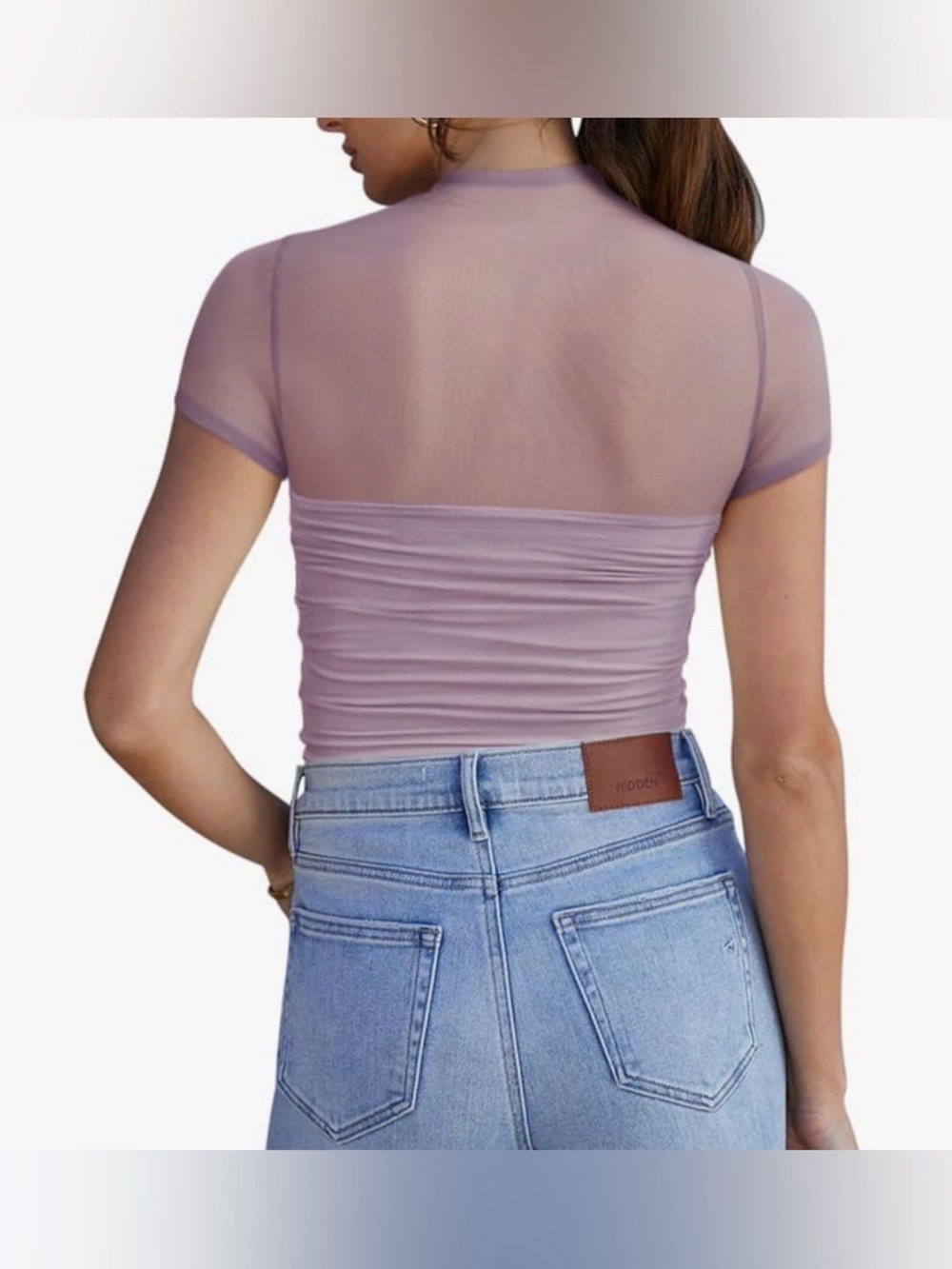 NWT-ReoRia Lavender Sheer Mock Neck Ruched Bodysuit - Picture 2 of 5